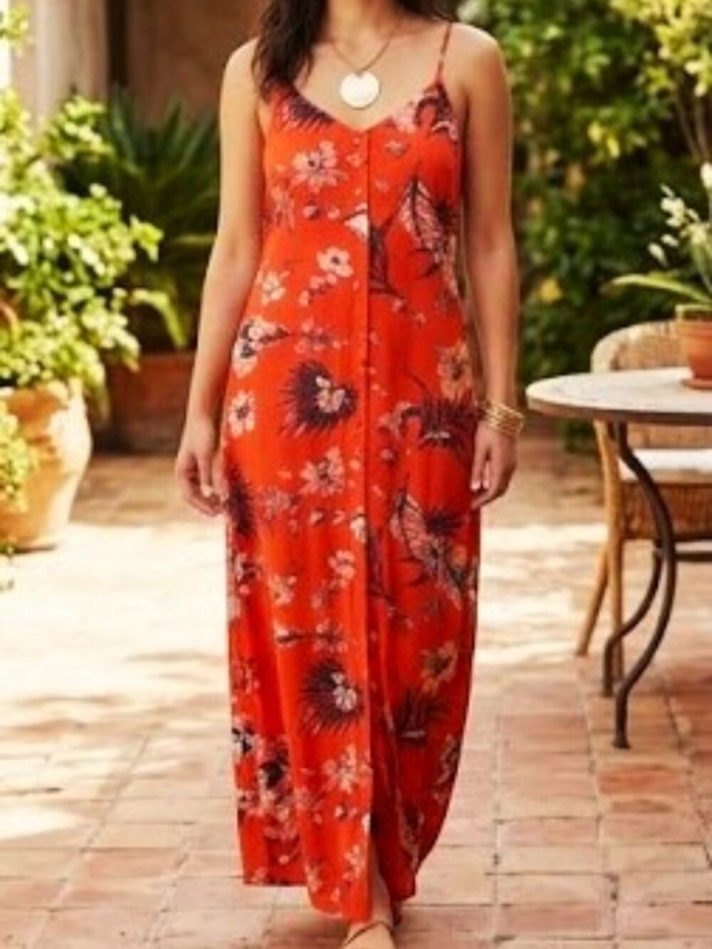 Canadian Designer Carolina Belle Floral Button-Front Red Maxi Slip Dress